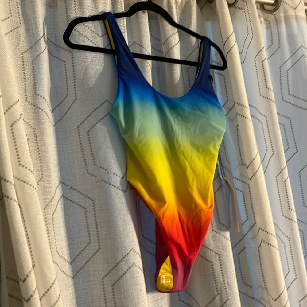 NWT Forever 21 Women’s S 1pc Bathing Suit Colorful V Neck Back Yel/Blue/Green